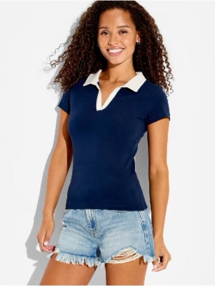 Shein Classic Navy Short-Sleeve Polo Top With Stripe Collar. Item # 11397